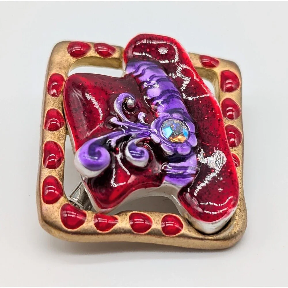 VTG AJMC Red Hat Lady Enamel Rhinestone Brooch Pin